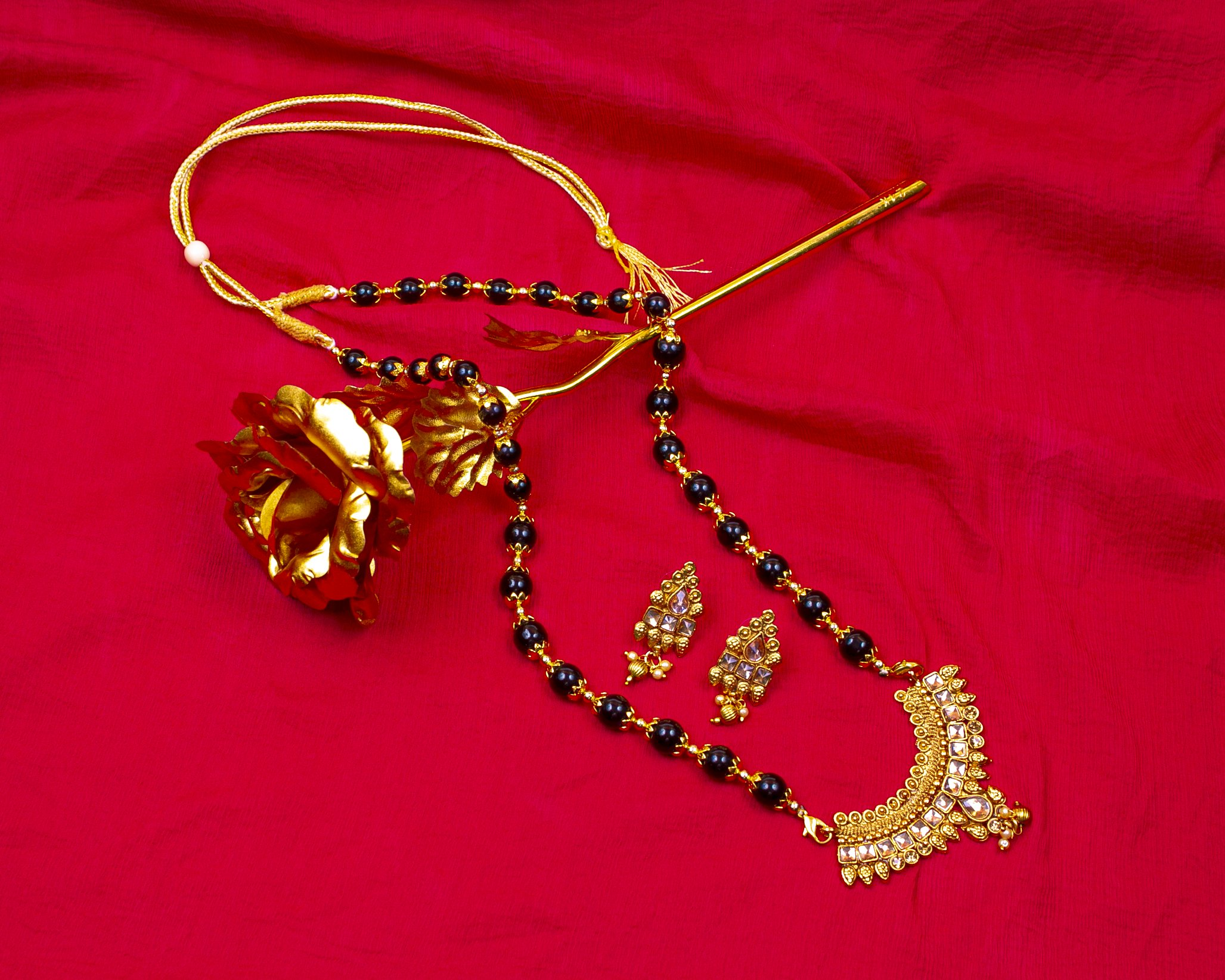 Gold-Polished Alloy Black Beaded Necklace Set - The Pari