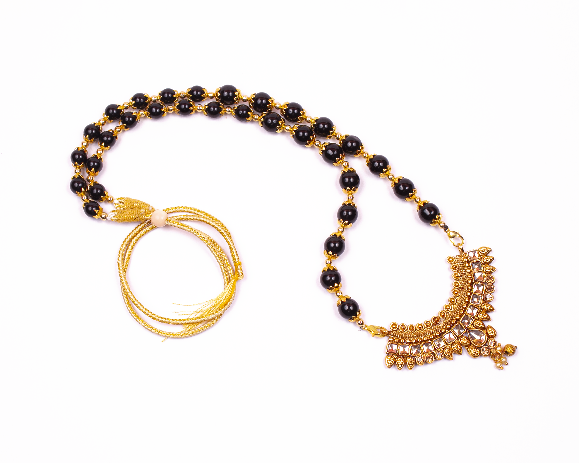 Gold-Polished Alloy Black Beaded Necklace Set - The Pari