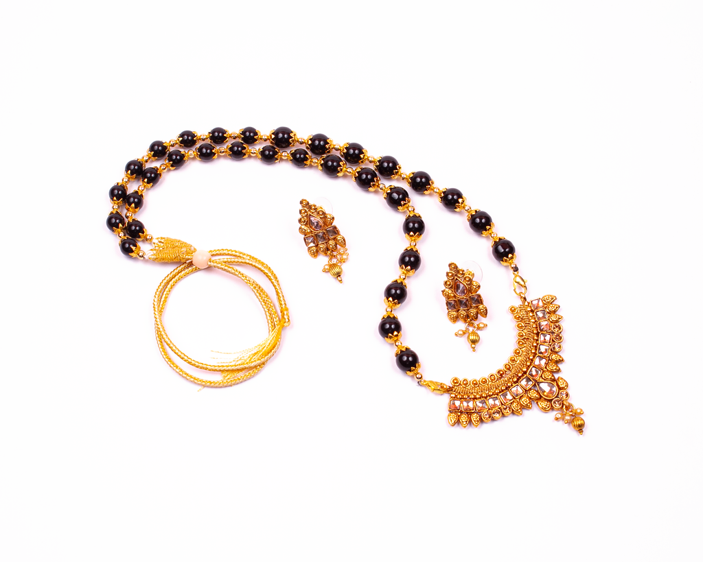 Gold-Polished Alloy Black Beaded Necklace Set - The Pari