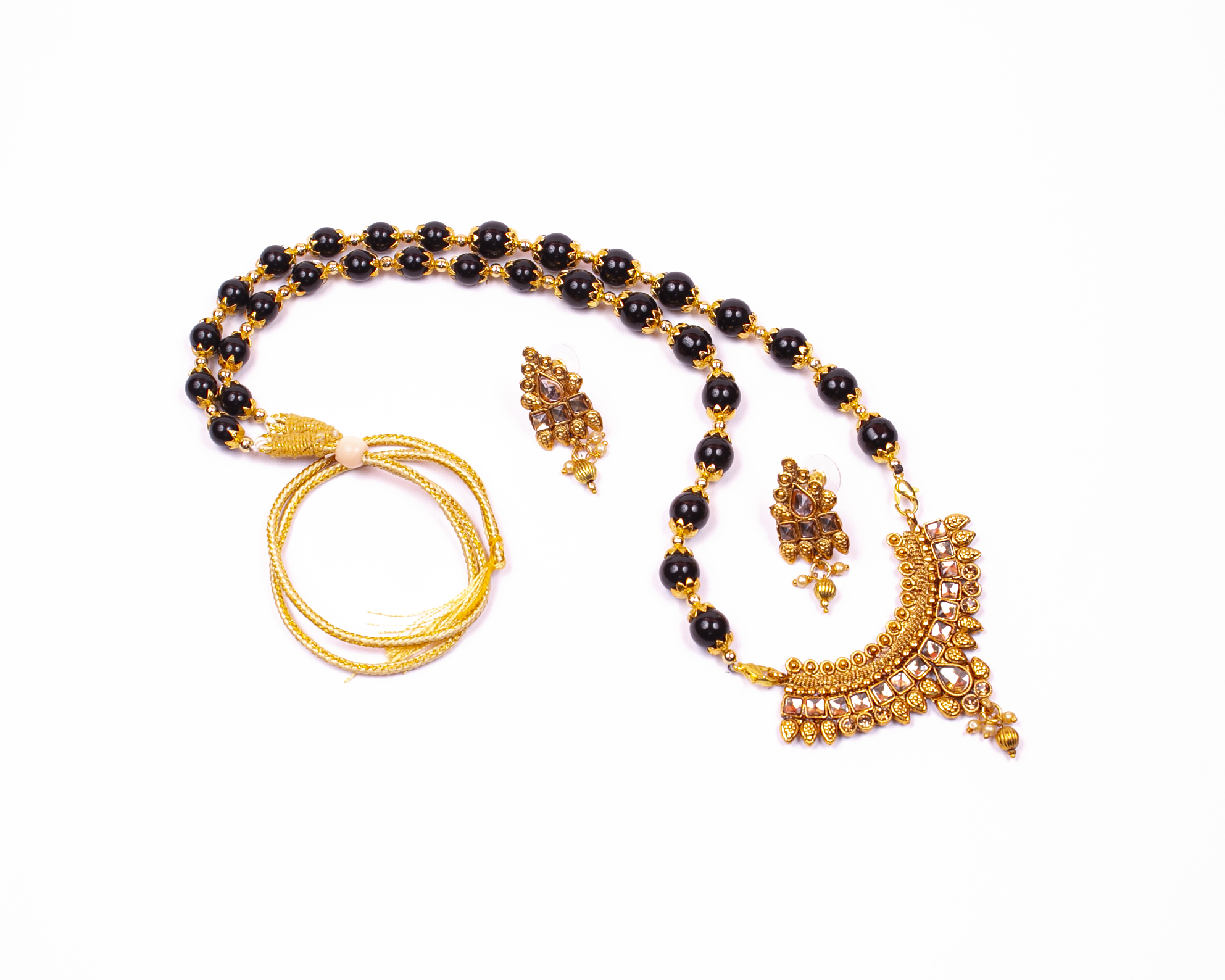 Gold-Polished Alloy Black Beaded Necklace Set - The Pari