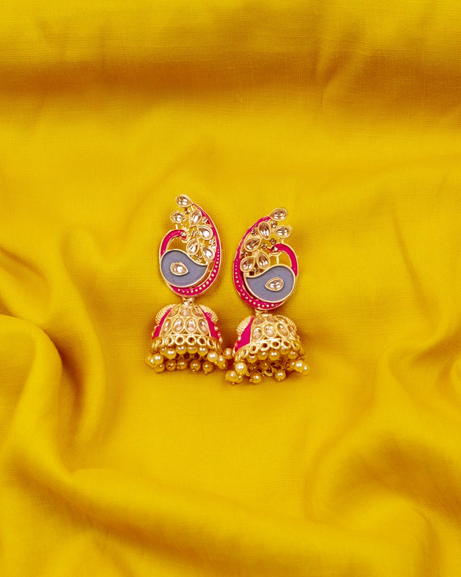 Gold-Plated Alloy Enamel & Stone Studded Jhumki Earrings - The Pari - Distacart