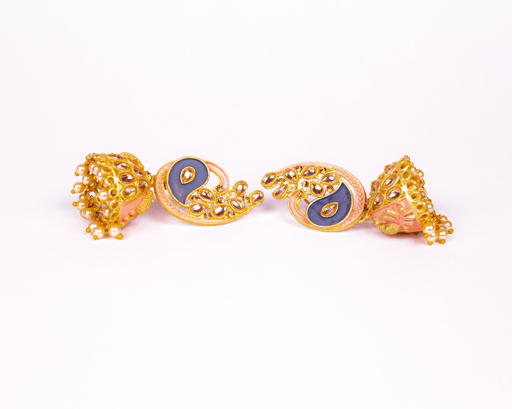 Gold-Plated Alloy Enamel & Stone Studded Jhumki Earrings - The Pari - Distacart