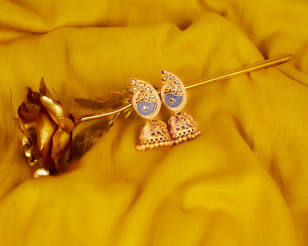 Gold-Plated Alloy Enamel & Stone Studded Jhumki Earrings - The Pari - Distacart