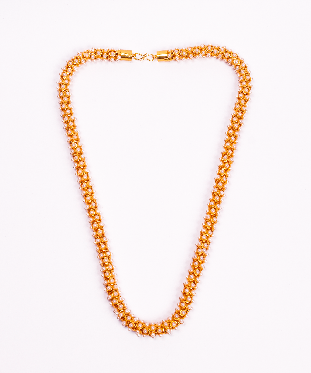 Gold-Polished Alloy Pearl Studded Chain Necklace - The Pari