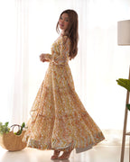 Lorenvalley Fashion Yellow Pure Faux Georgette Zigzag Print Fully Flair Anarkali Pant With Dupatta - Yellow