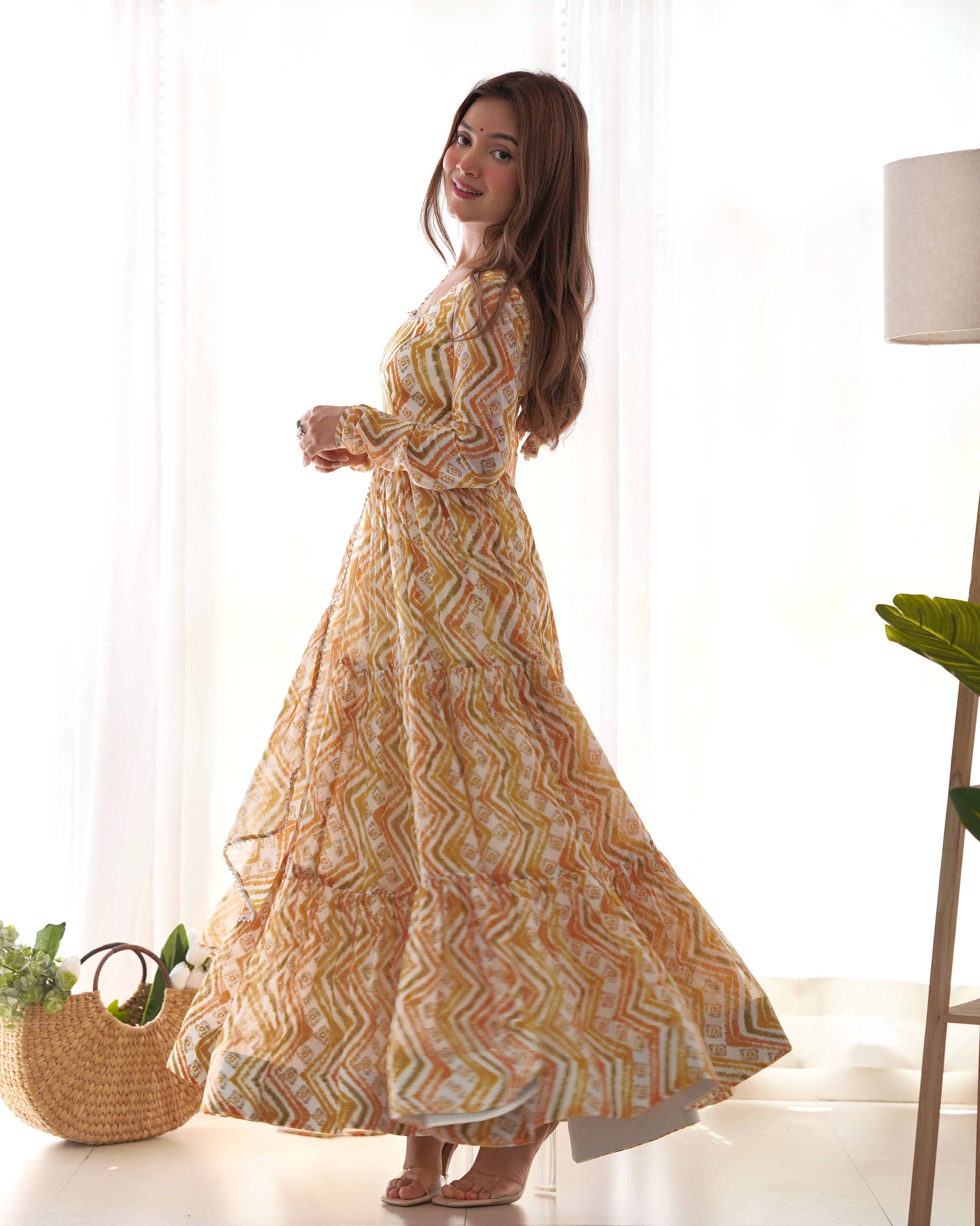 Lorenvalley Fashion Yellow Pure Faux Georgette Zigzag Print Fully Flair Anarkali Pant With Dupatta - Yellow