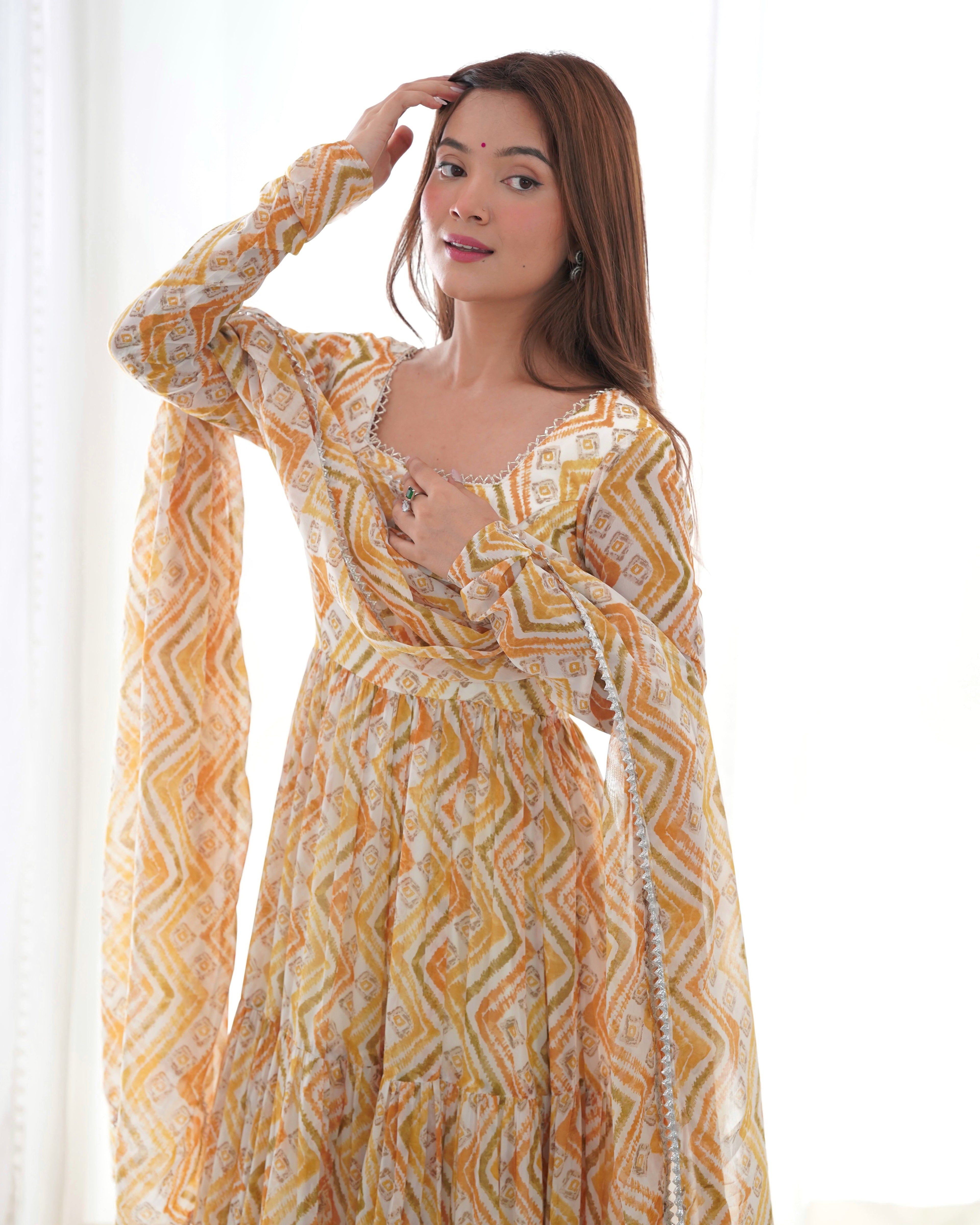 Lorenvalley Fashion Yellow Pure Faux Georgette Zigzag Print Fully Flair Anarkali Pant With Dupatta - Yellow