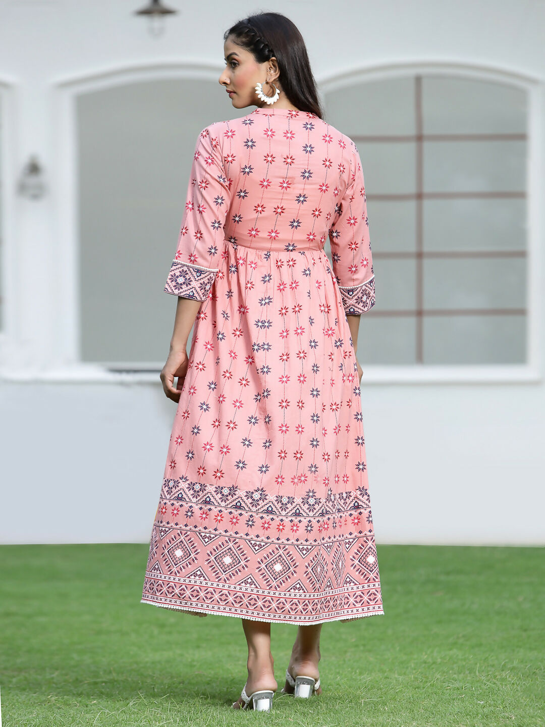 Juniper Peach Geometric Printed Pure Cotton Maxi Dress With Lace Work - Distacart