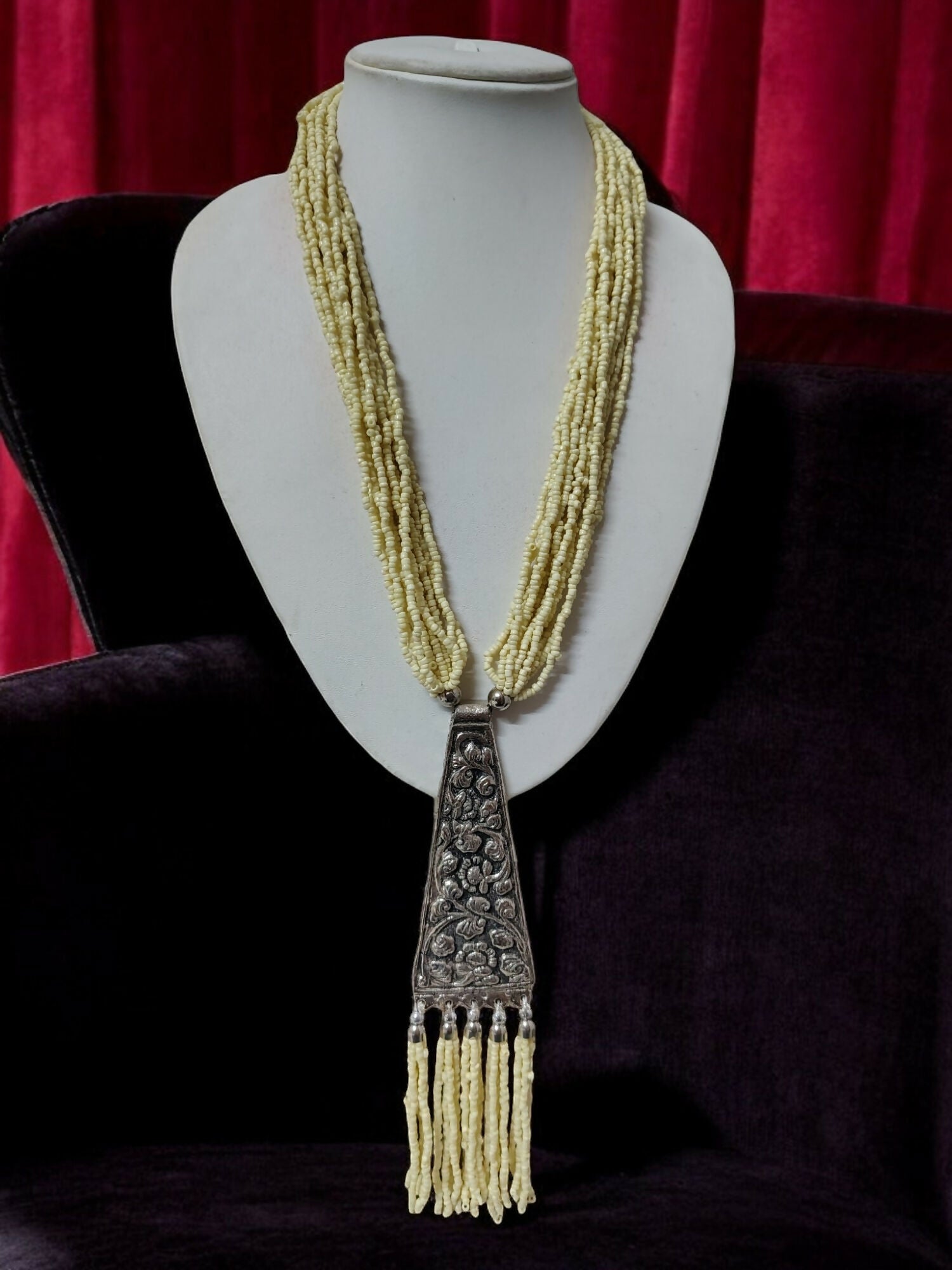 Inhanns Day-To-Dinner Tie Shaped Oxidized Black Metal Multi-Layered Long Only Necklace - Cream