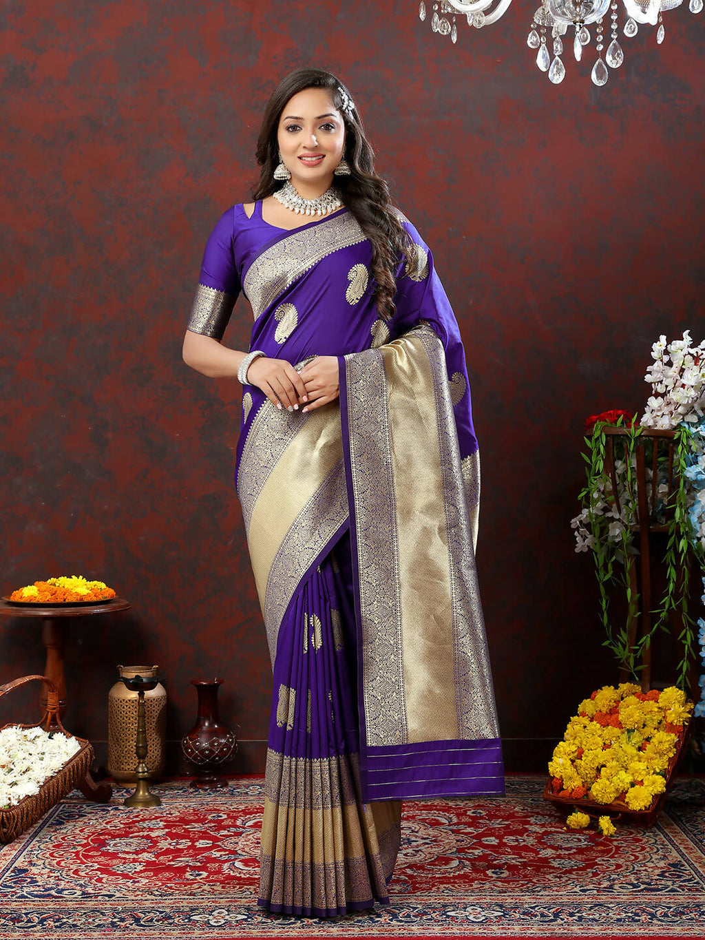 Lorenvalley Fashion Purple Soft Silk Woven Design Gold Zari Weaving Saree