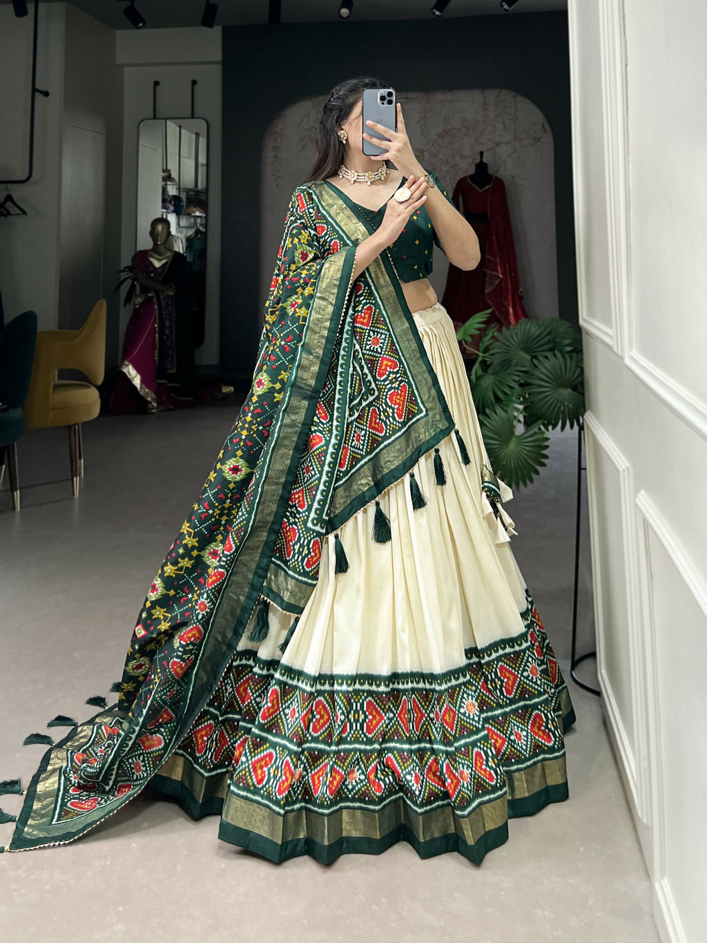 Lorenvalley Offwhite and Green Tussar Silk Patola Print Lehenga Choli