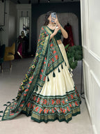 Lorenvalley Offwhite and Green Tussar Silk Patola Print Lehenga Choli
