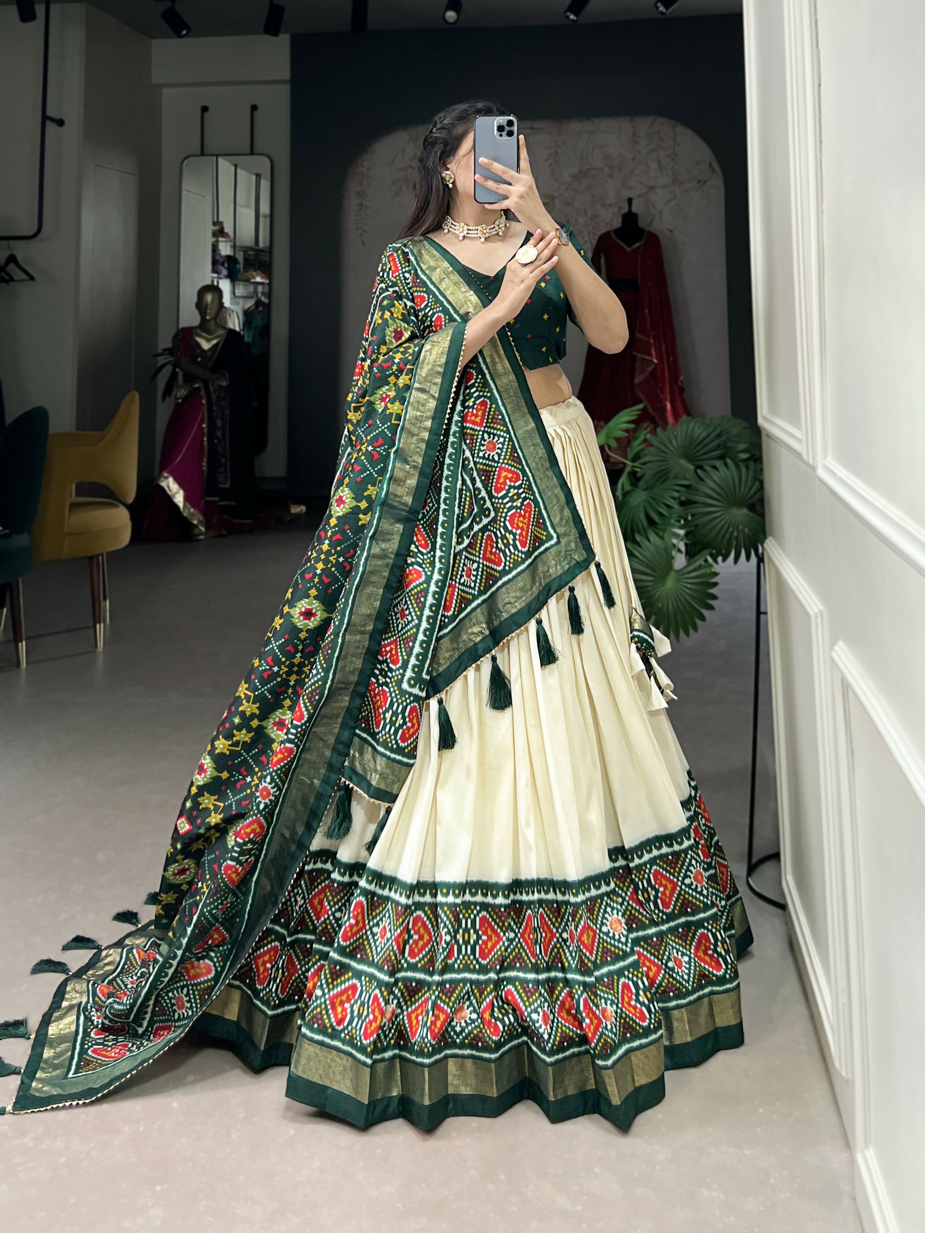 Lorenvalley Offwhite and Green Tussar Silk Patola Print Lehenga Choli