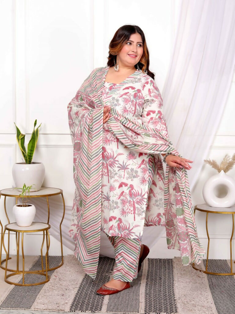 Miravan Women's Plus Size Cotton Light Pink Scenic Birds And Leaf Floral Printed Straight Pakistani Style Suit Set