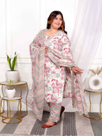 Miravan Women's Plus Size Cotton Light Pink Scenic Birds And Leaf Floral Printed Straight Pakistani Style Suit Set