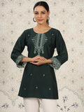 Dark Green Chinon Embroidered Straight Top - Zeny