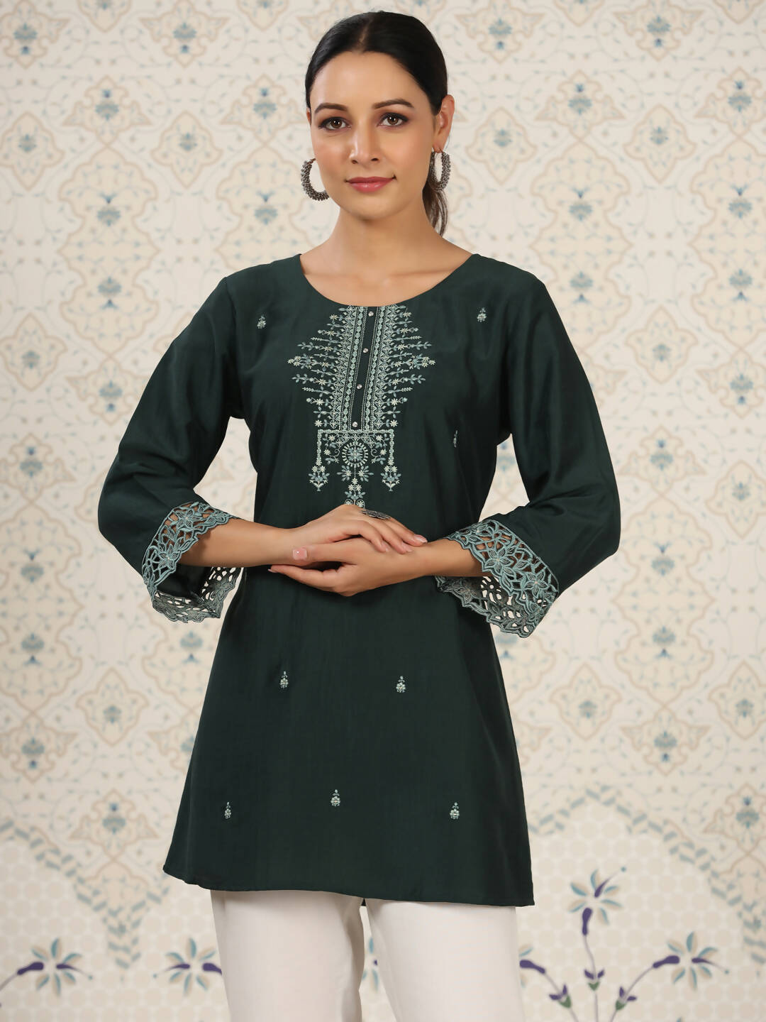 Dark Green Chinon Embroidered Straight Top - Zeny