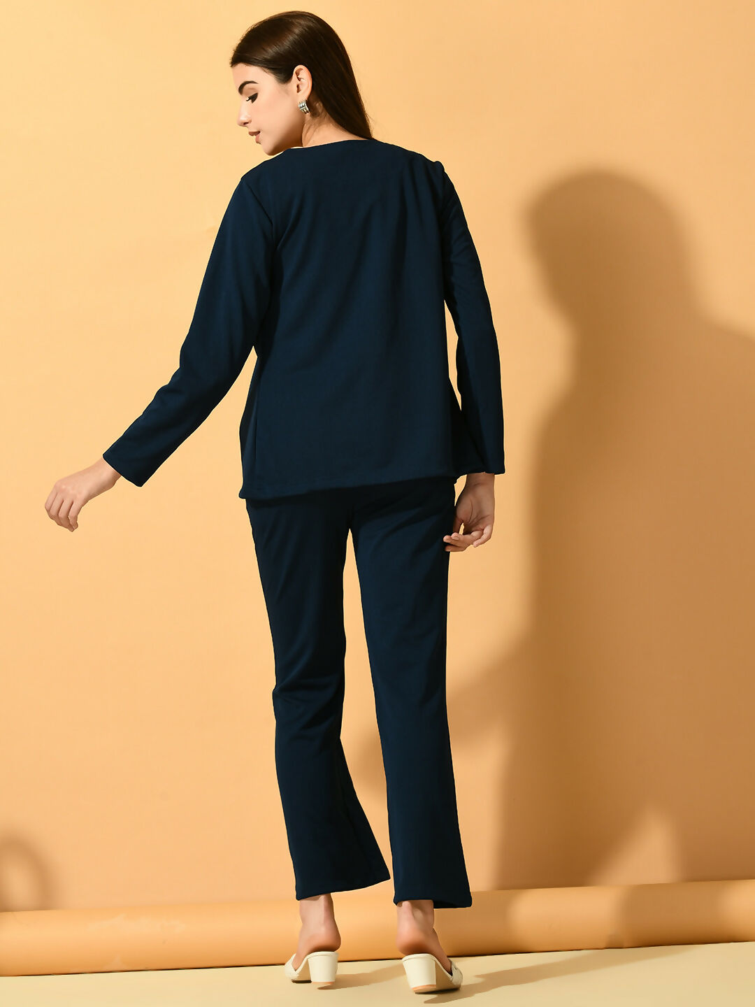 Myshka Women's Navy Blue Solid Coat With Trousers