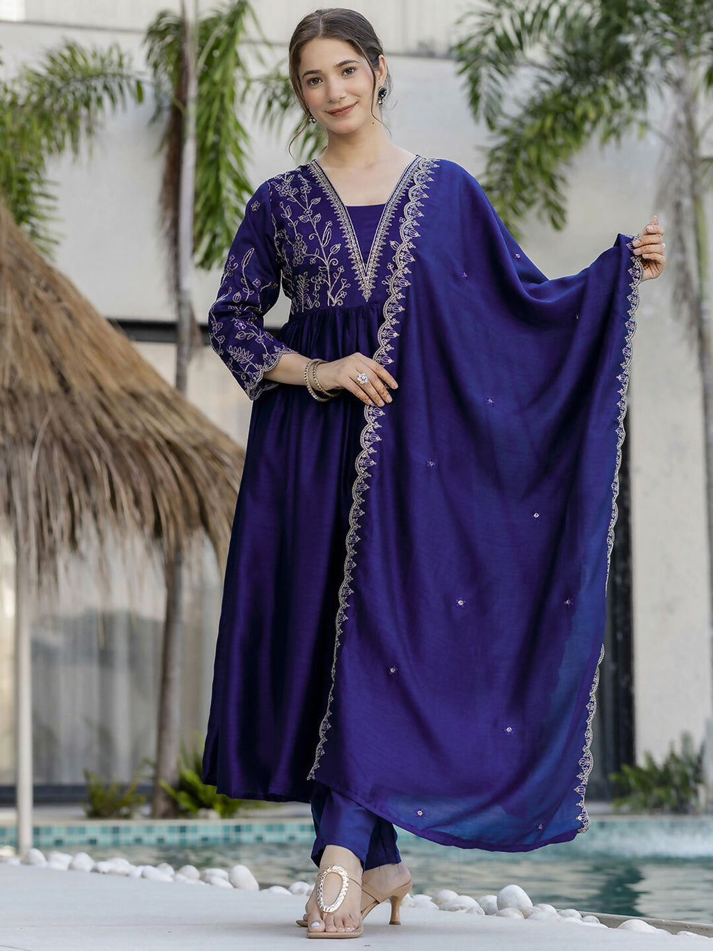 The52 Blue Women's Beautiful Embroidered Vichitra Silk Fabric with Flared Kurta, Pant and Dupatta Set - Distacart