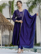 The52 Blue Women's Beautiful Embroidered Vichitra Silk Fabric with Flared Kurta, Pant and Dupatta Set - Distacart