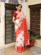 Shree Shyam Fashion White & Red Linen Cotton Saree - Distacart