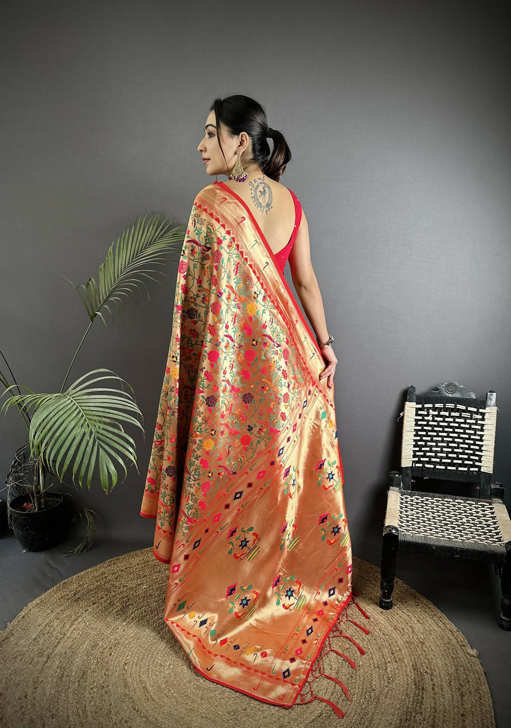 Joban Fashion Red Floral & Bird Motifs Soft Silk Paithani Saree - Distacart