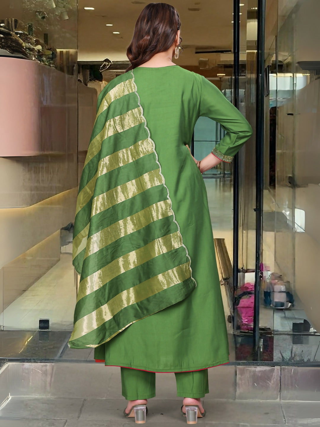 The52 Light Green Women's Gorgeous Embroidered Work Chanderi Fabric Flared Kurta Pant and Dupatta Set - Distacart