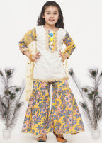 Little Bansi Girls Cotton Embroidery Kurta with Floral Sharara & Dupatta - White & Yellow