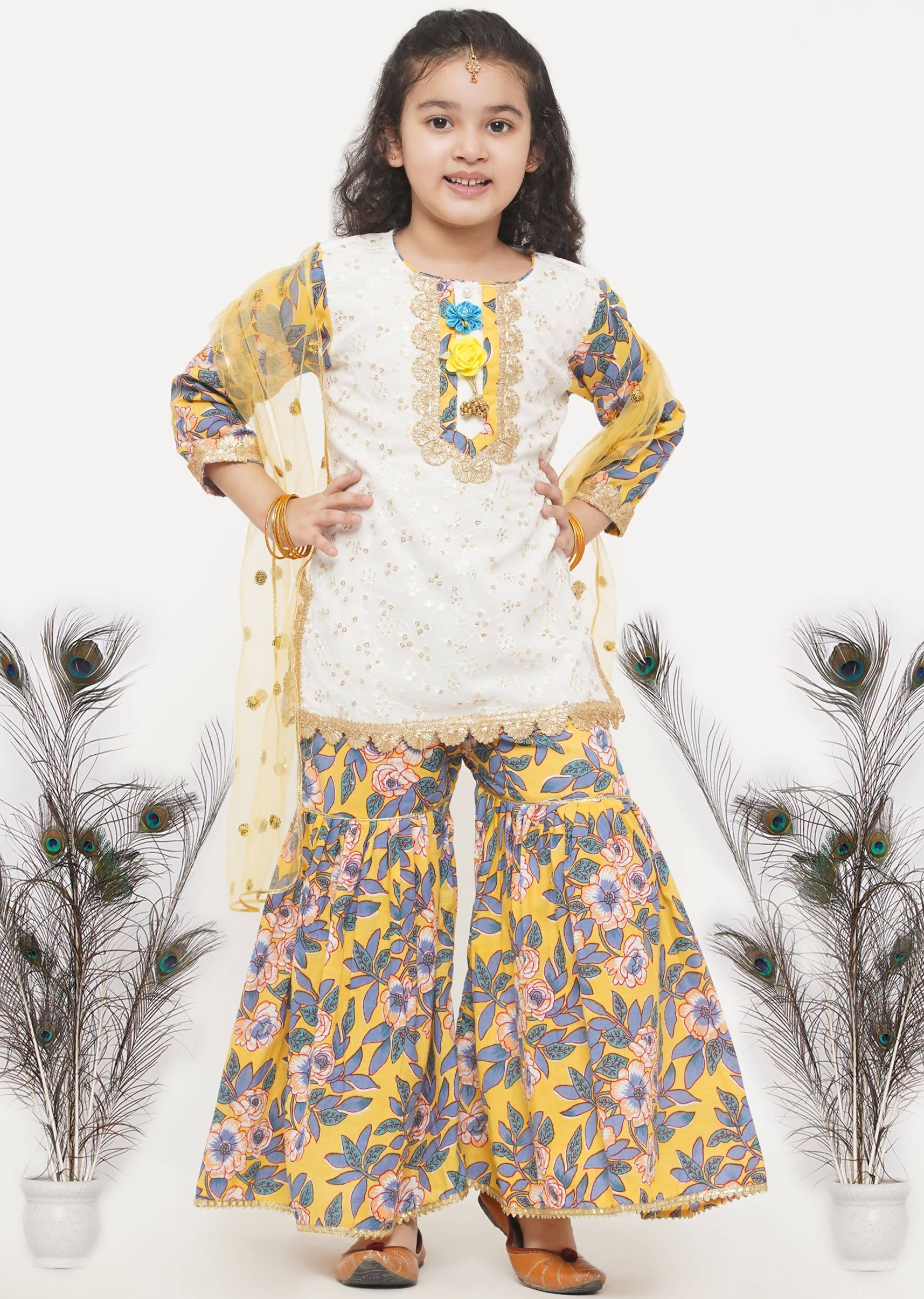 Little Bansi Girls Cotton Embroidery Kurta with Floral Sharara & Dupatta - White & Yellow
