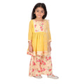 Little Bansi Girls Rose print Kurta Frock with Floral Plazzo and Dupatta - Yellow
