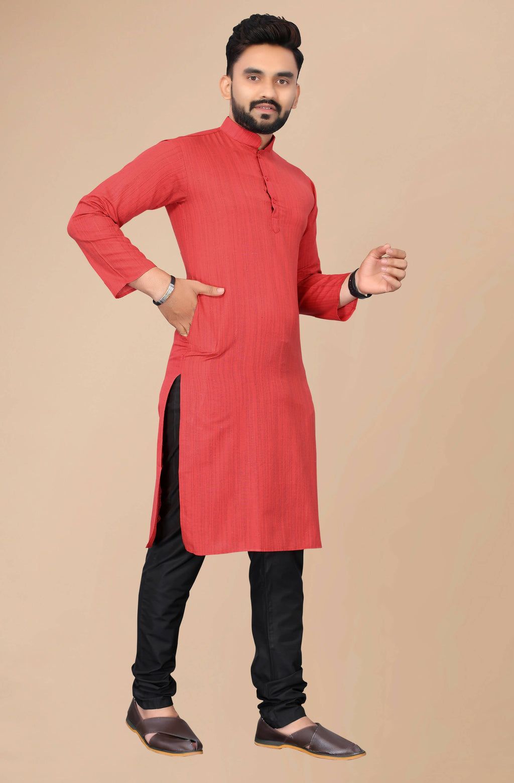 Men's Red Striped Cotton Kurta - Mahotsav