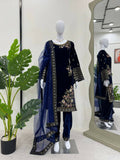 Vastranavya Navy Blue Viscose Velvet Sequence Embroidery Work Kurta & Bottom With Dupatta - Distacart
