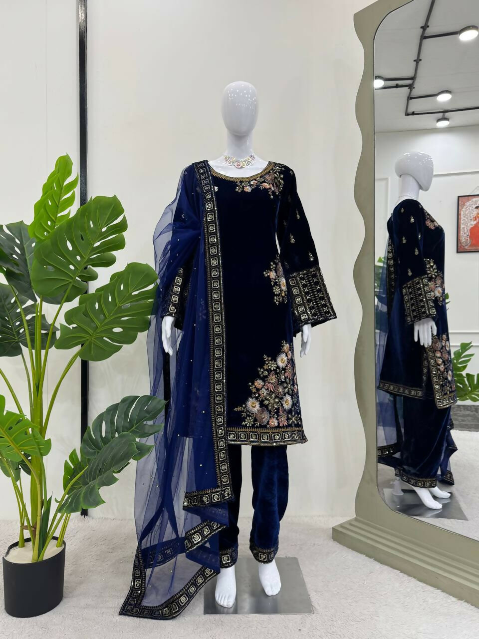 Vastranavya Navy Blue Viscose Velvet Sequence Embroidery Work Kurta & Bottom With Dupatta - Distacart