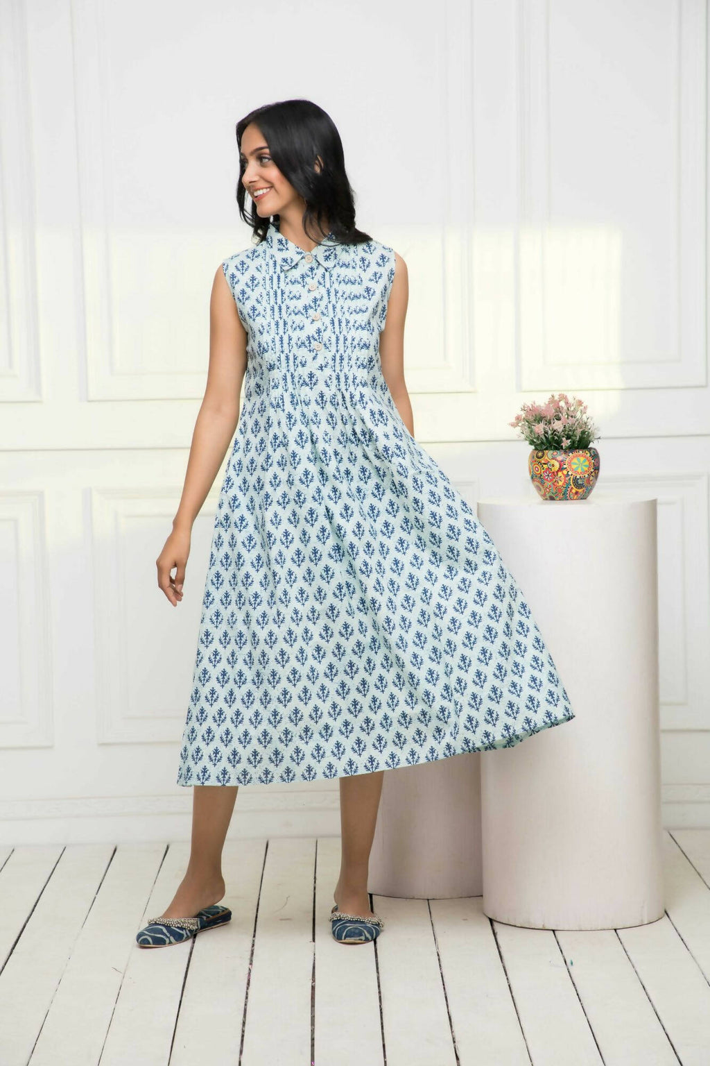 Myshka Women Blue Ethnic Motifs Cotton A-Line Mandarin Collar Dress - Distacart