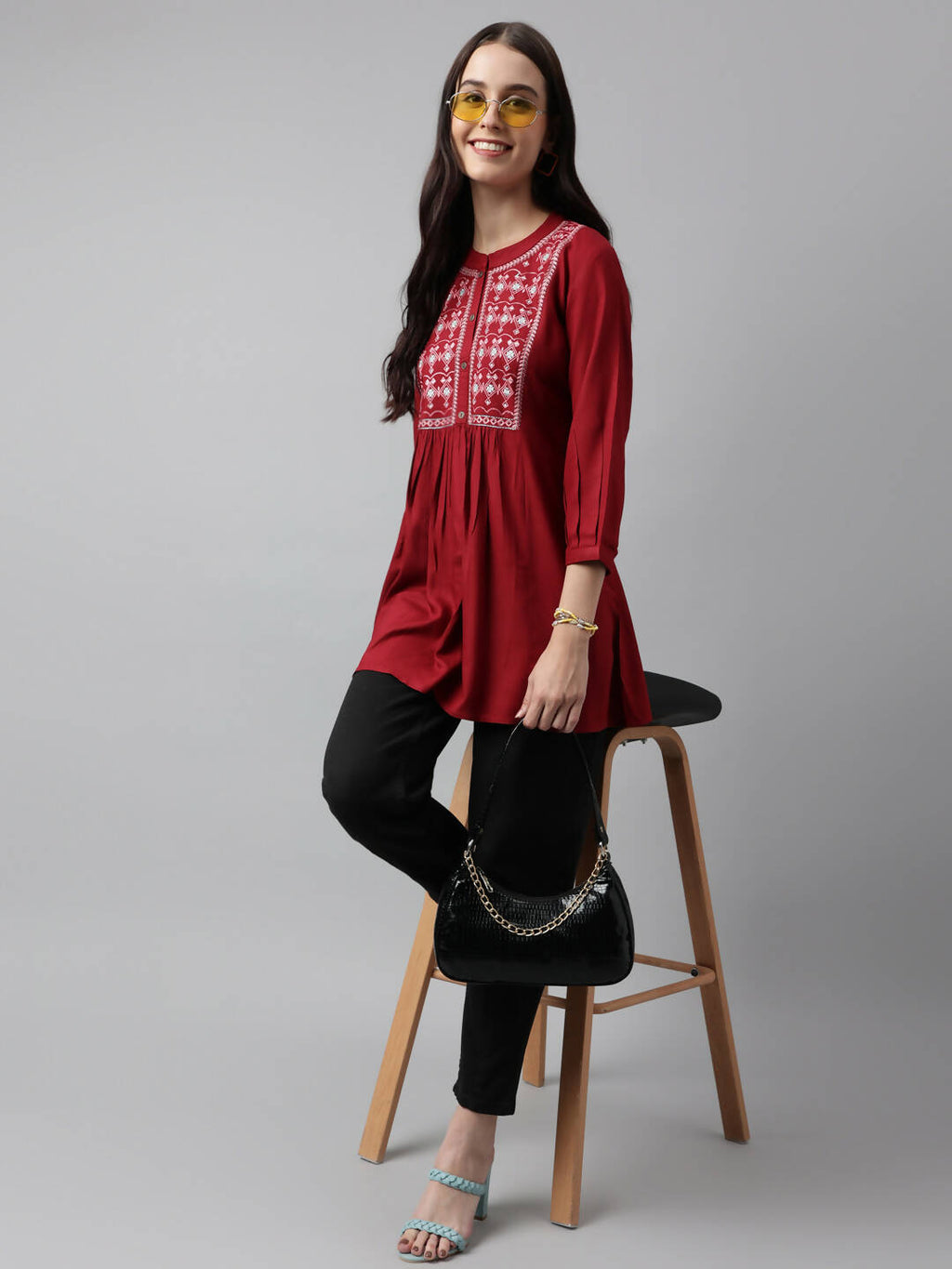 Red Rayon Yoke Embroidered A-line Top - Tarini