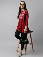 Red Rayon Yoke Embroidered A-line Top - Tarini