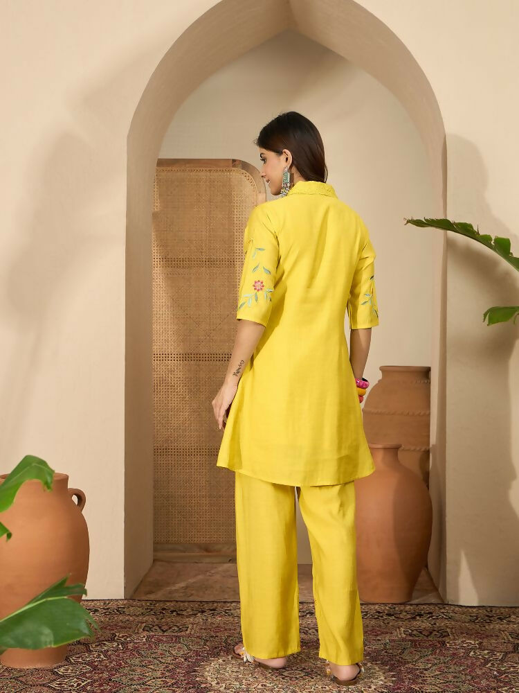 Joban Fashion Women Yellow Roman Silk Embroidered Stitched Kurta Set - Distacart