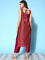 Ahalyaa Women's Wine Poly Silk Gold Paste Printed Kurta Pant Set - Distacart