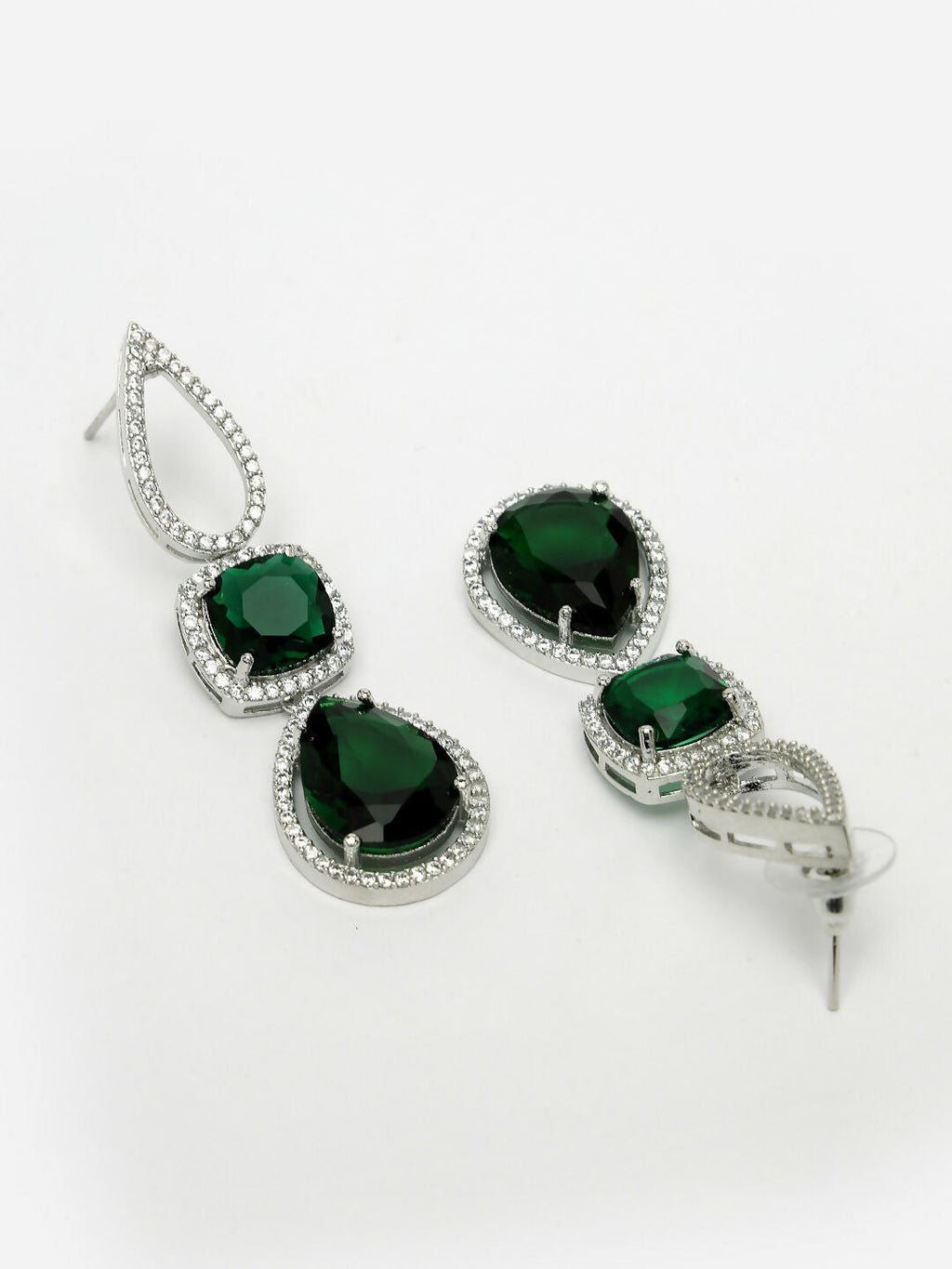 NVR Women's Green & Silver-Plated American Diamond Handcrafted Jewellery Set