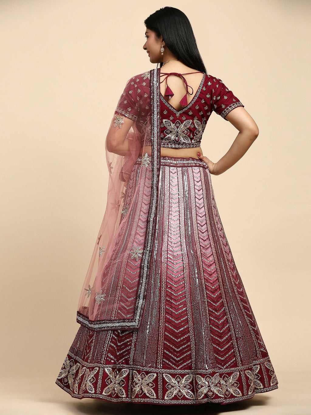 Maroon Fancy Net Sequence Embroidered Lehenga Choli with Dupatta - Dhara