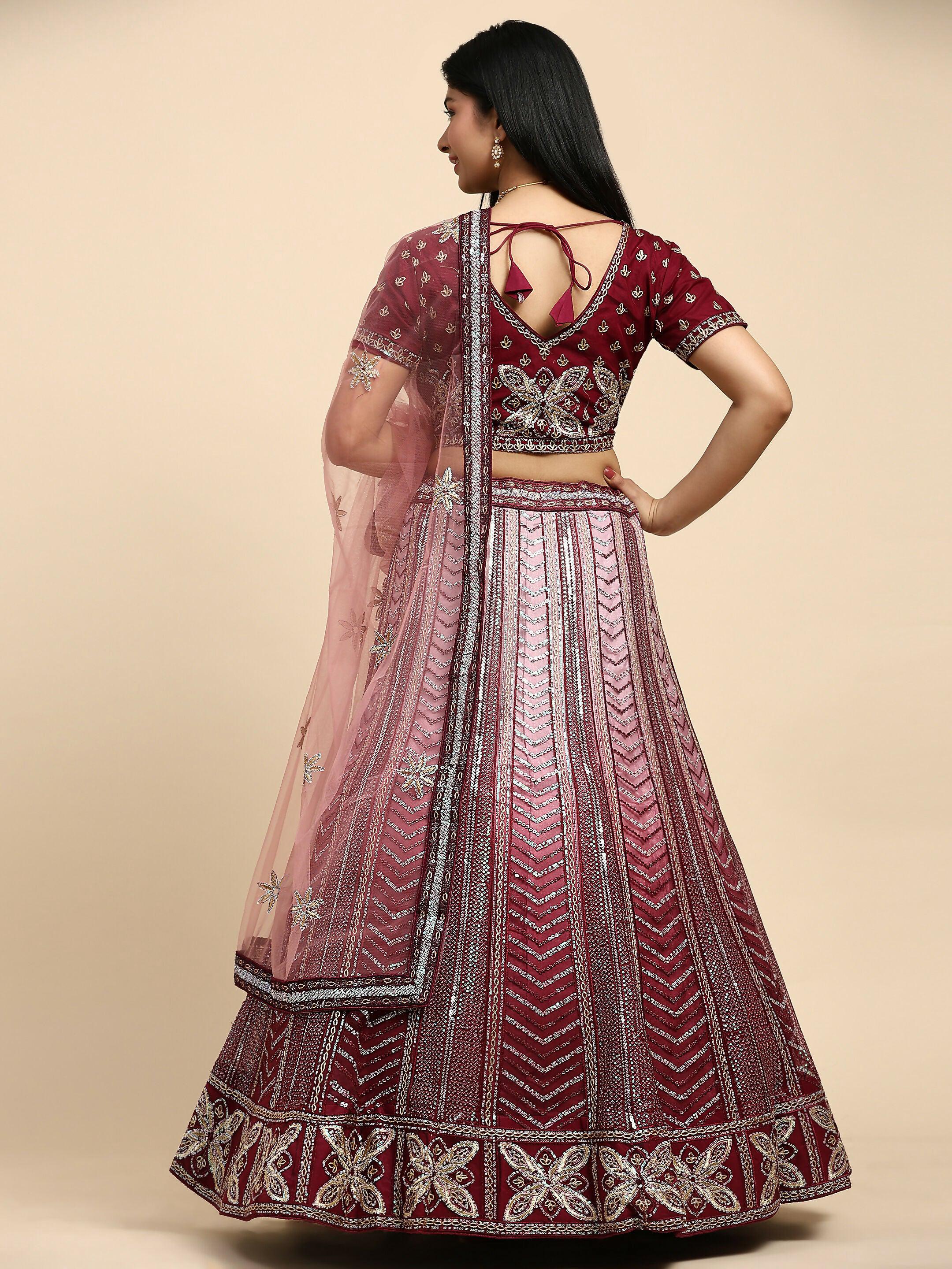 Maroon Fancy Net Sequence Embroidered Lehenga Choli with Dupatta - Dhara