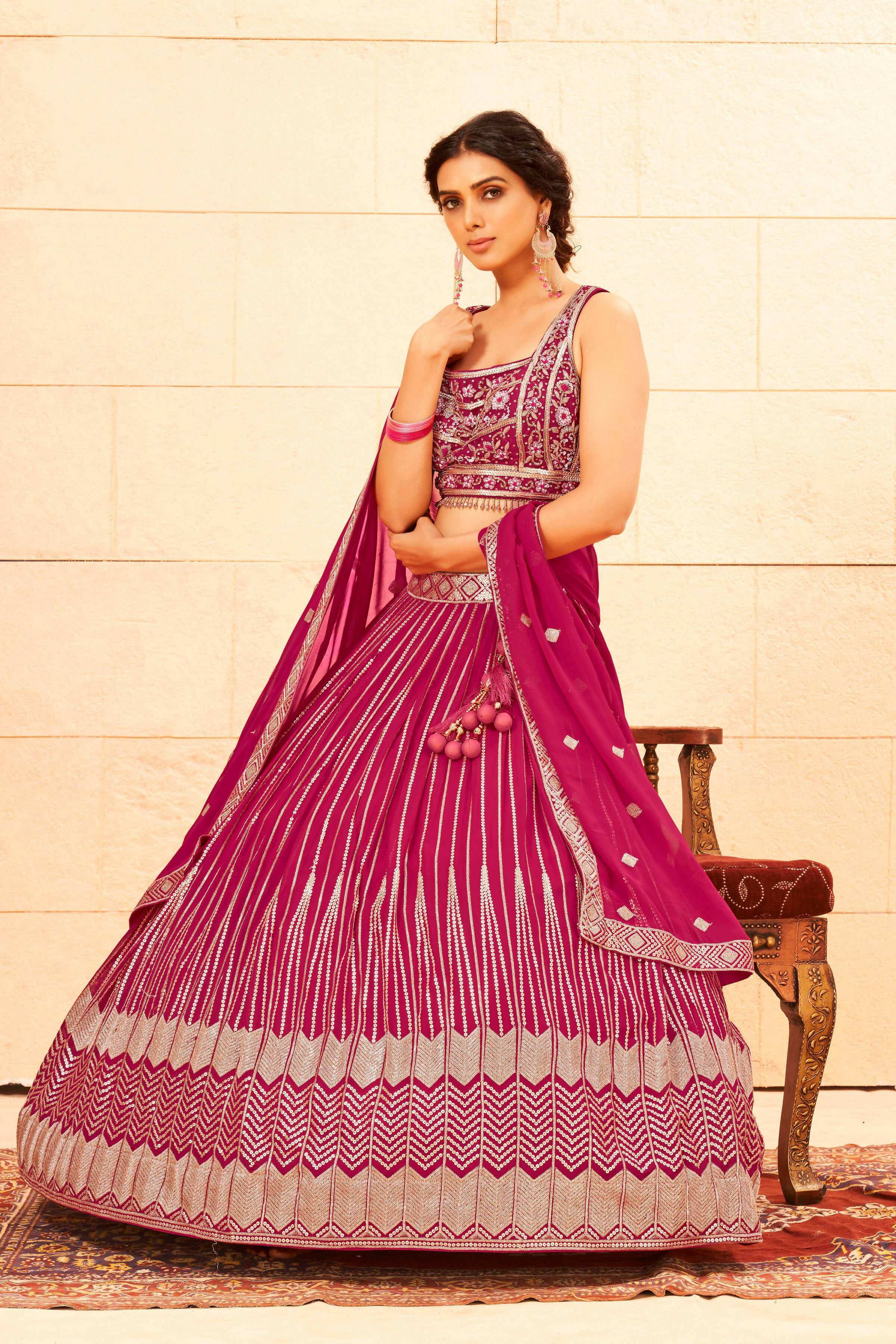 Pink Faux Georgette Embroidery sequence work Lehenga Choli with Dupatta - Dhvani