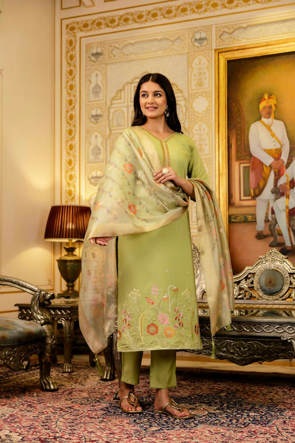 The52 Lemons Women's Beautiful Viscose Shimmer Fabric Embroidered Work Straight Kurta Pant and Dupatta Set - Distacart
