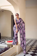 Vastranavya Grey Weightless Marble Printed & Pearl Lace Border Saree with Unstitched Blouse