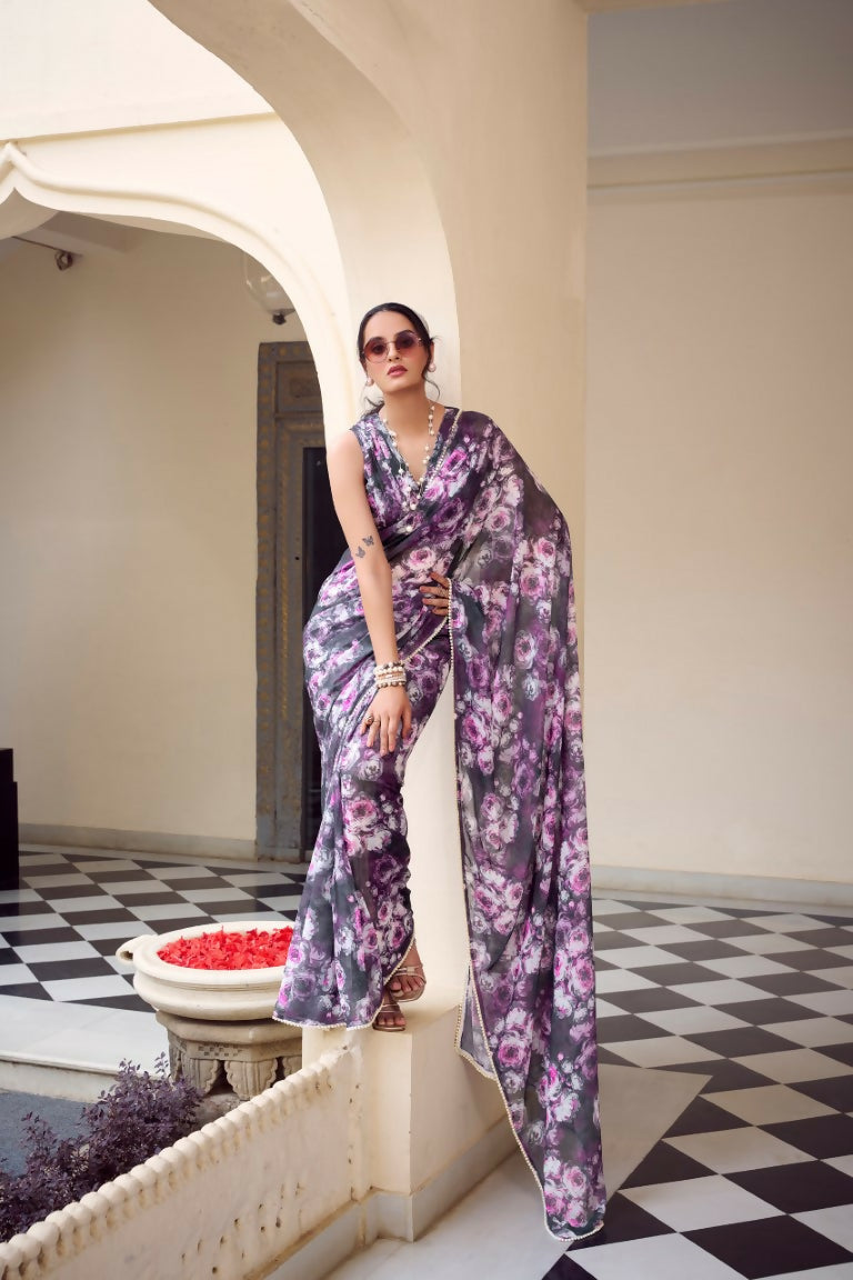 Vastranavya Grey Weightless Marble Printed & Pearl Lace Border Saree with Unstitched Blouse