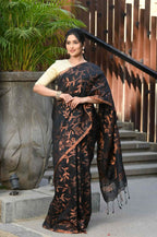 Beatitude Black Cotton Floral Jamdani Saree