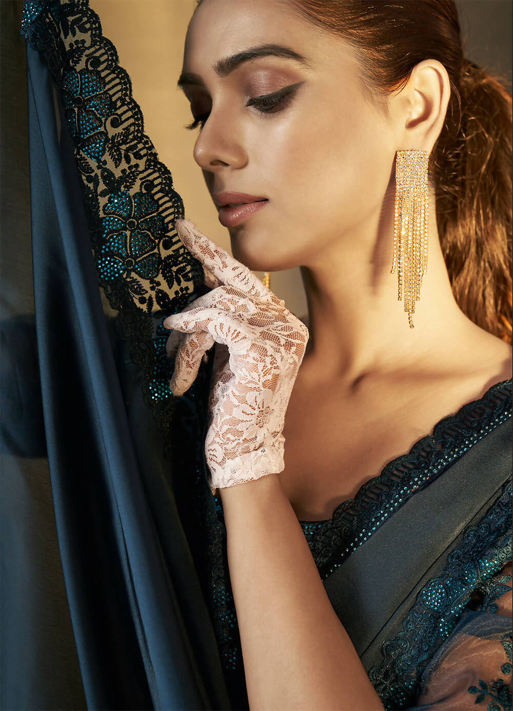 Teal Satin Silk Floral Embroidered with Swaroski Work Saree With Unstitched Blouse Piece - Norita Royal Erisha