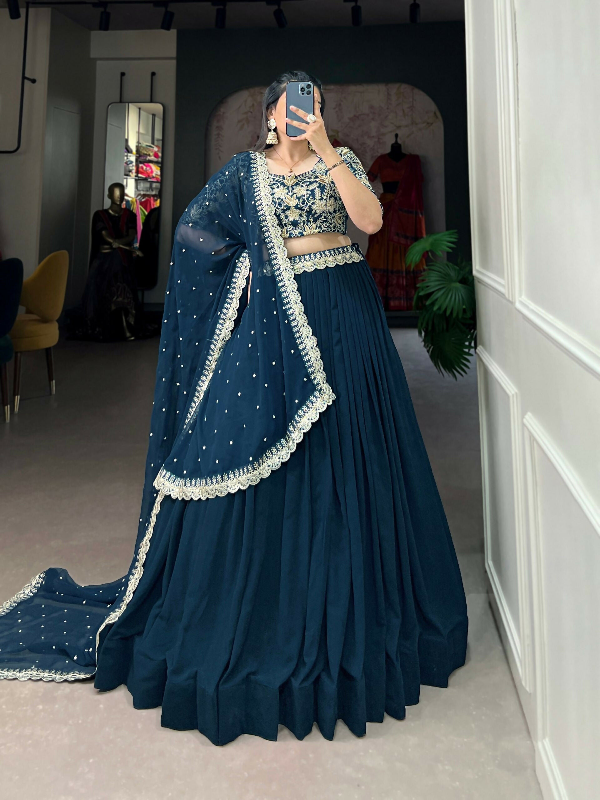 Vastranavya Gorgeous Georgette Lehenga Choli With Embroidered Banglory Blouse - Teal