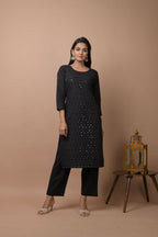 Kaajh Women's Black Solid Sequins Embellished Kurta Pant Set - Distacart
