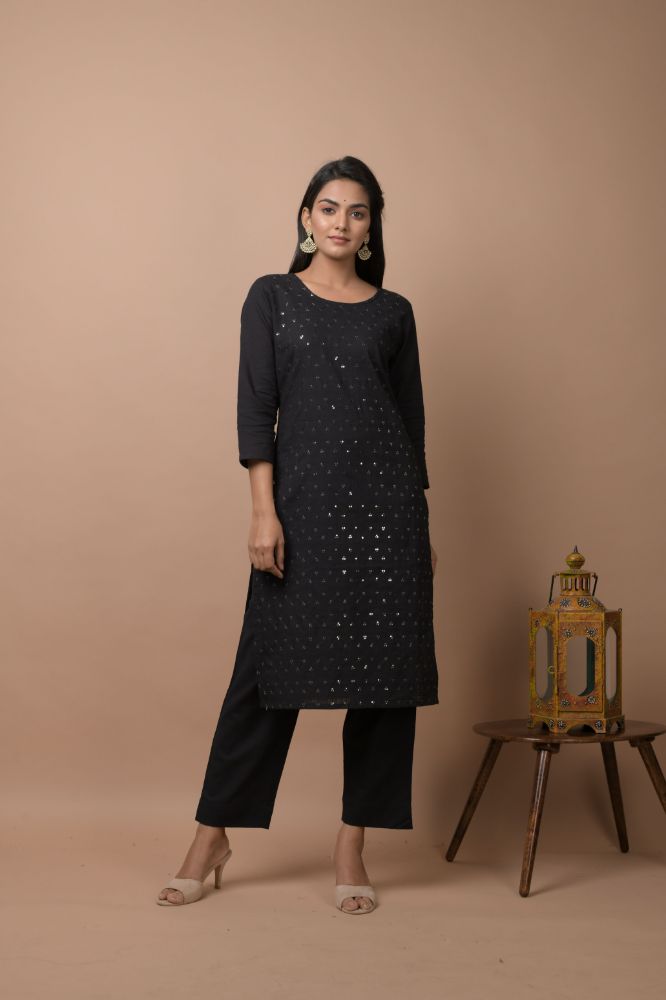 Kaajh Women's Black Solid Sequins Embellished Kurta Pant Set - Distacart